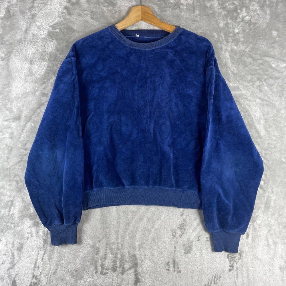 Vintage 1960s Cotton Velour Sweatshirt Women Large Blue Crewneck Soft Pullover